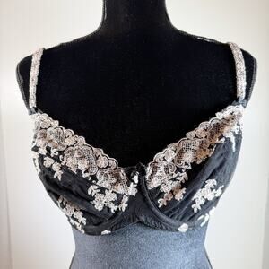 Felina Lingerie Bra 34DD Black Sheer Lace Embroidered Unlined Underwire Floral